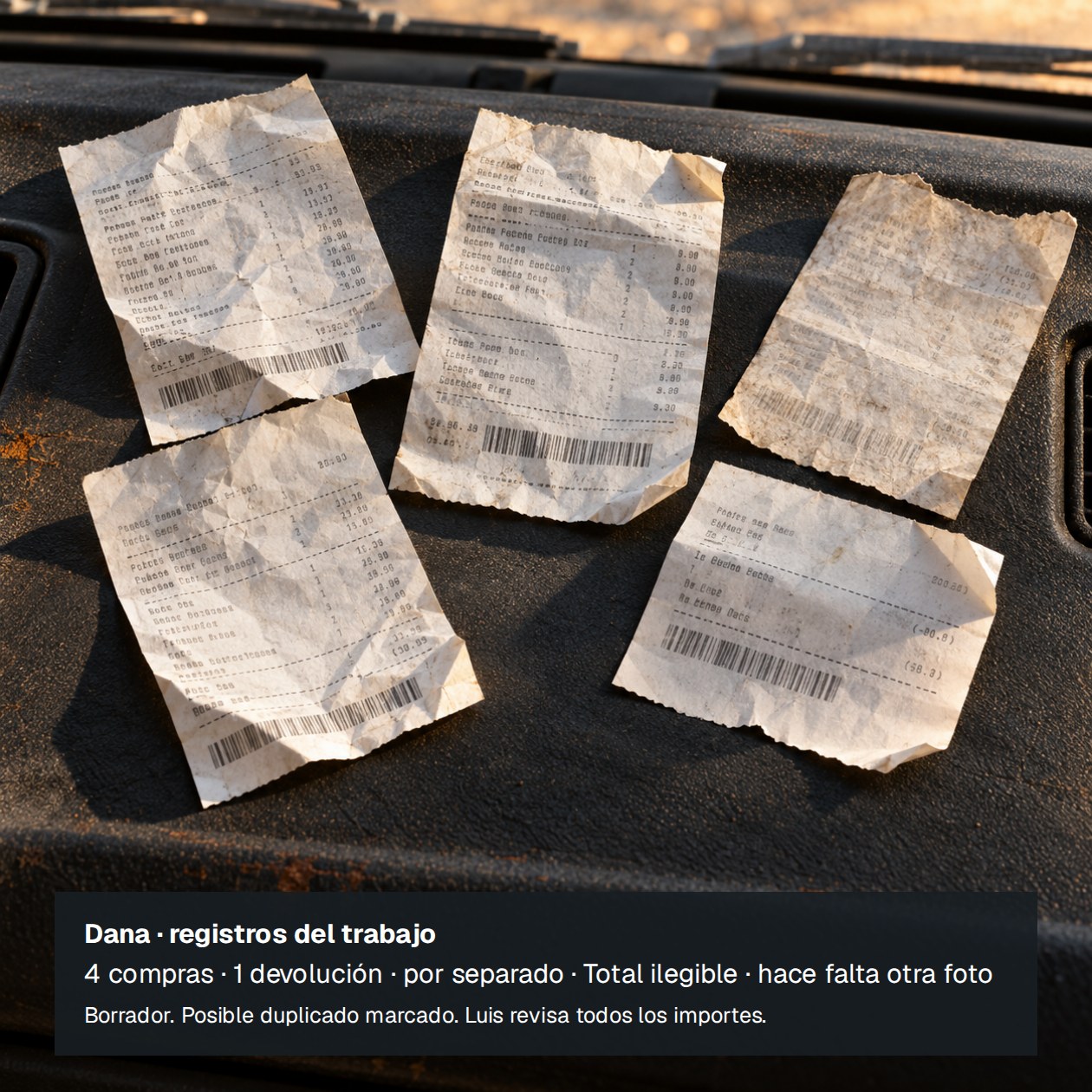 Viernes. Tú: Ordena estas fotos de recibos para la obra de Dana. Separa las devoluciones y señala lo que no se lea. CrewBuddy: Hoja de gastos: 4 compras y 1 devolución por separado. El total de un recibo no se lee y quedó en blanco. Marqué una posible foto duplicada. Confirma la obra y los importes antes de usar el total.