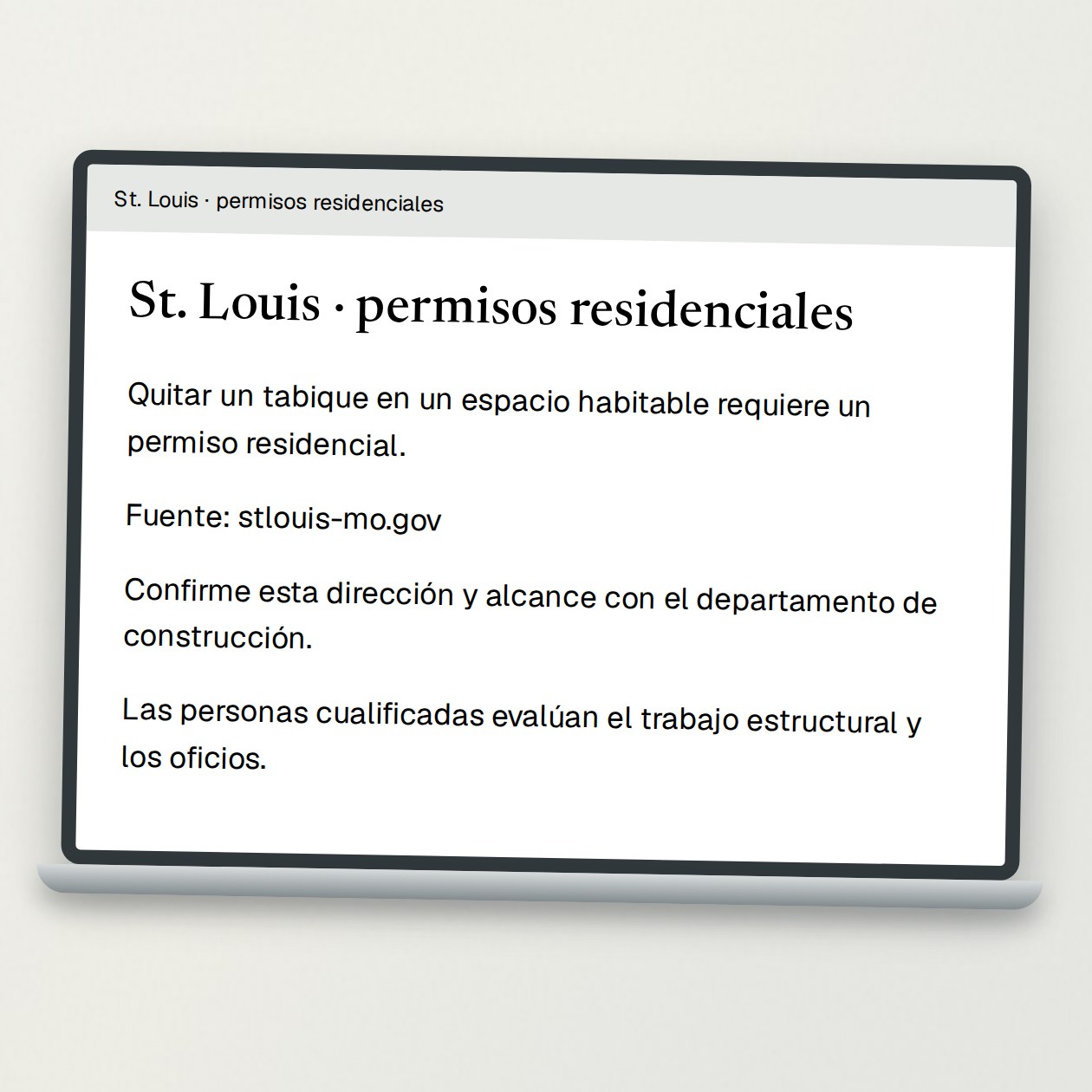 Martes. Tú: En esta obra de St. Louis quieren quitar un tabique. Busca la norma municipal y las preguntas que debo hacer. CrewBuddy: La guía municipal exige permiso para retirar tabiques. Incluí el enlace. Consulta al departamento de construcción sobre esta dirección y el alcance; los trabajos estructurales y especializados deben revisarlos profesionales cualificados antes de cerrar el presupuesto.